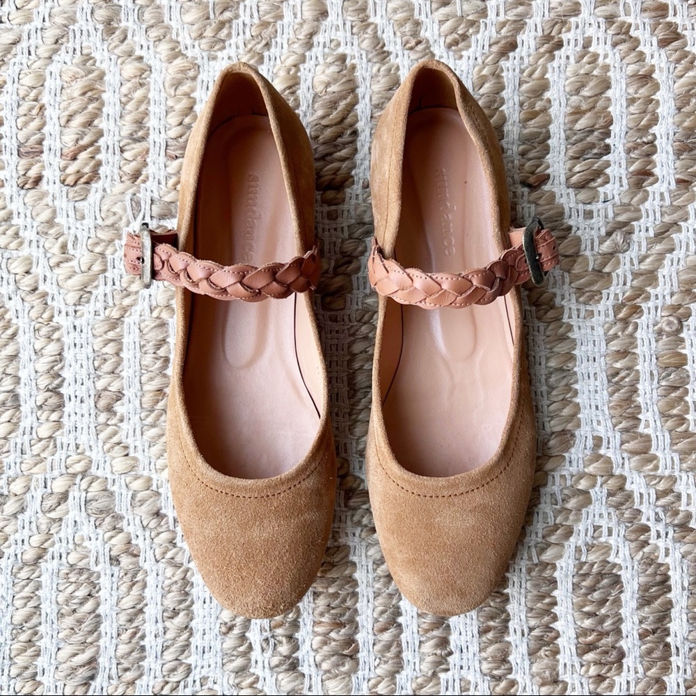 Sundance Suede Mary Jane Round Toe Flats Braided Strap Tan Size 39 / U.S. 8.5
